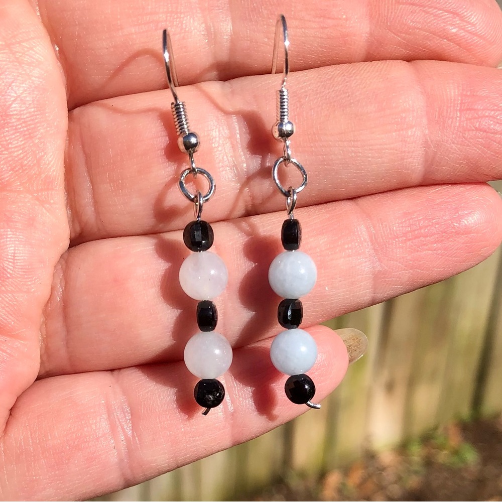 New Handmade Aquamarine & Black Tourmaline Earrings